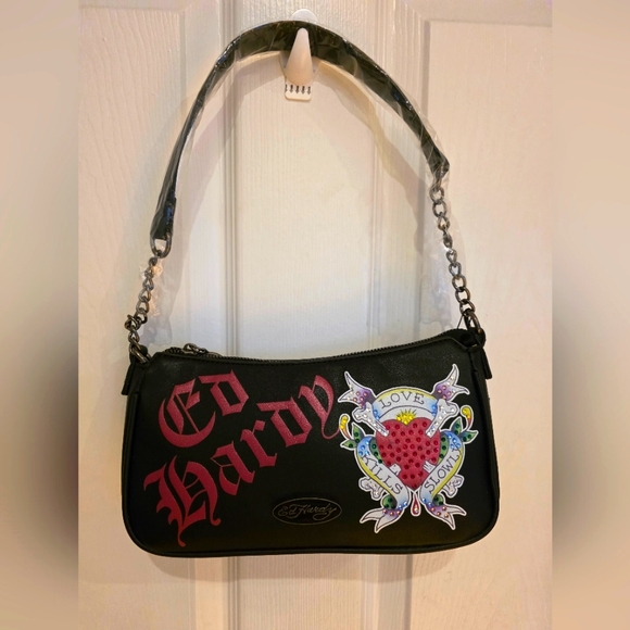 Ed Hardy Handbags - Ed Hardy NWT Black Shoulder/Crossbody Bag w Bling Rhinestones Love Kills Slowly